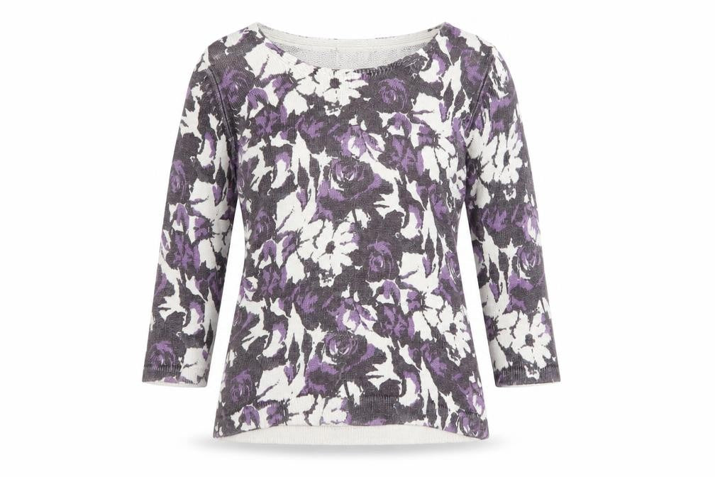 Front view of Minuet women’s white round neck floral viscose jumper, size UK 10