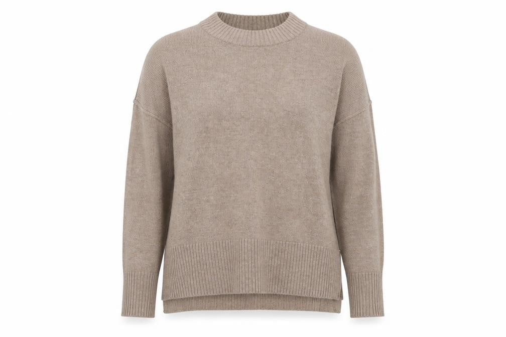 Front view of H&M women’s beige round neck acrylic jumper, size XS