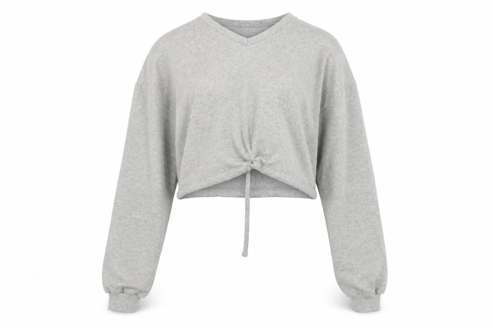 Front view of Boohoo women’s grey polyester pullover sweatshirt, size UK 12, pullover
