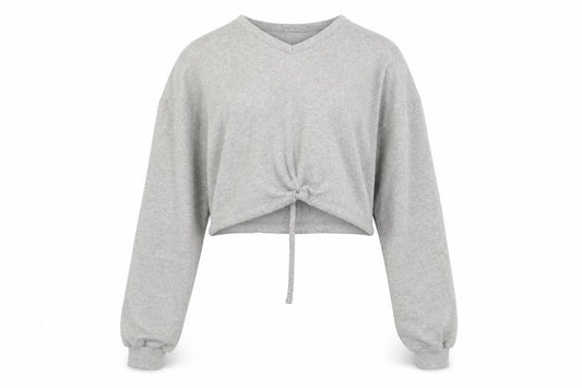 Front view of Boohoo women’s grey polyester pullover sweatshirt, size UK 12, pullover