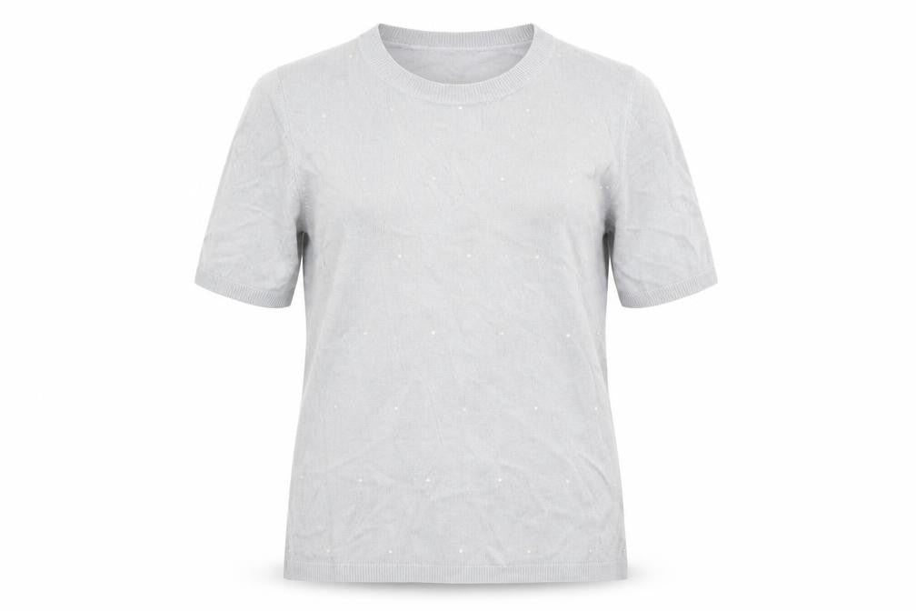 Front view of Marks & Spencer women’s grey acrylic basic t-shirt, size UK 10, round neck