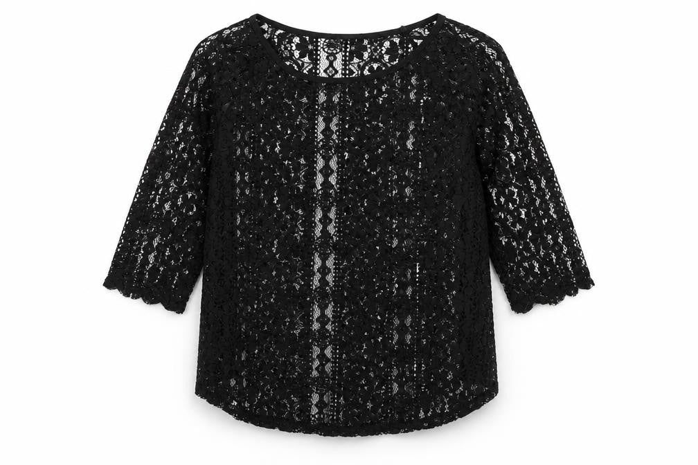 Front view of Warehouse women’s black geometric polyester basic blouse, size UK 6, round neck