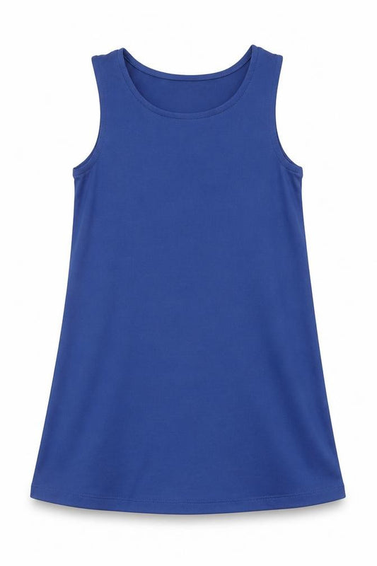 Front view of Monsoon girls’ blue polyester basic tank, size 7, years round neck pullover