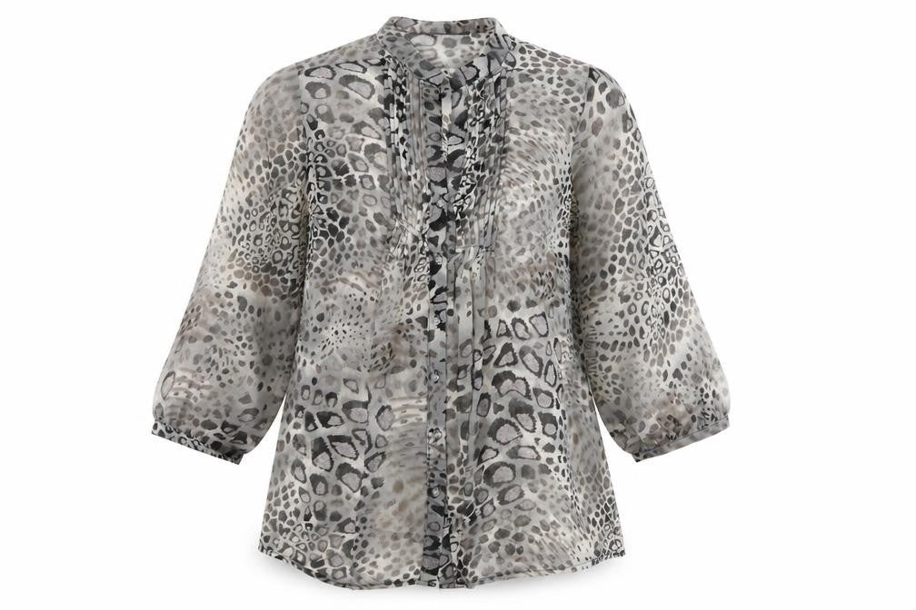 Front view of JUST ELEGANCE women’s grey animal print polyester basic button-up, size UK 14, round neck - leopard pattern