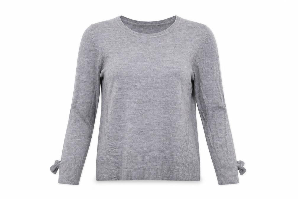 Front view of Dorothy Perkins women’s grey round neck acrylic jumper, size UK 10