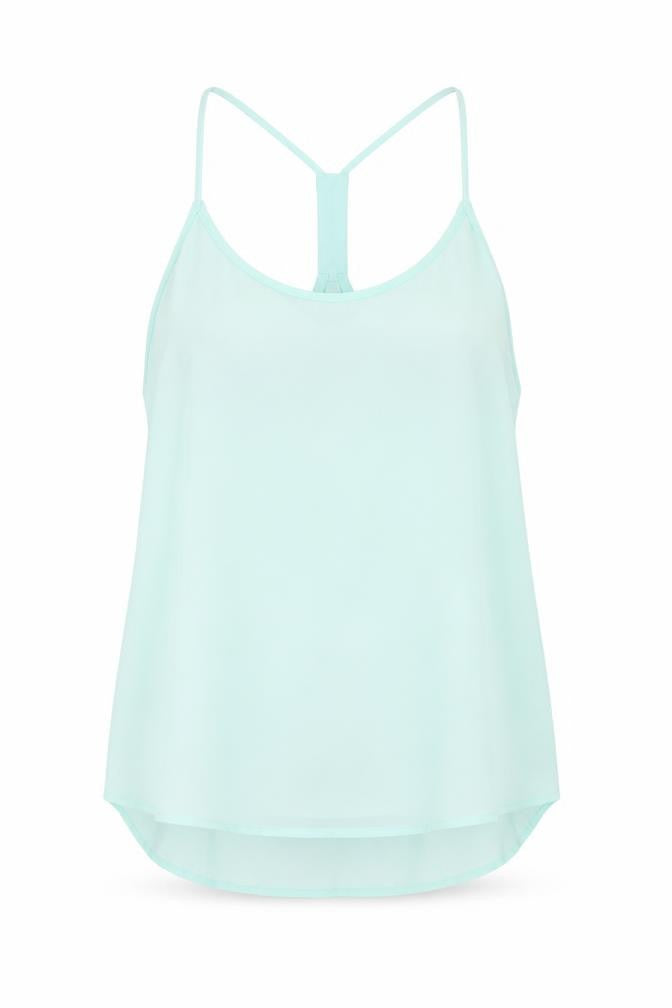 Front view of H&M women’s blue polyester camisole tank, size UK 14, round neck