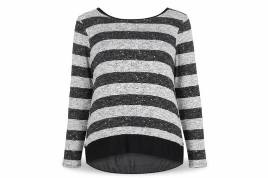 Front view of Oasis women’s green round neck striped polyester jumper, size S