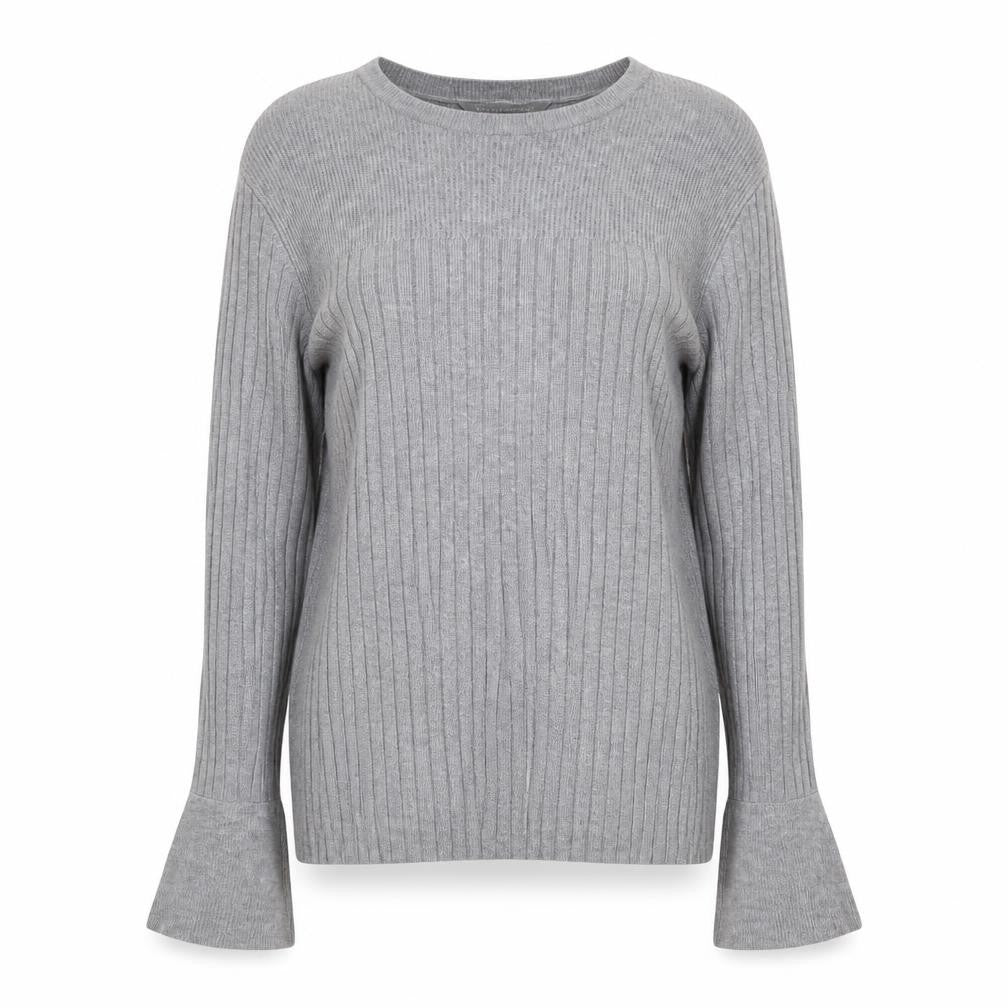 Front view of Dorothy Perkins women’s grey round neck viscose jumper, size UK 12
