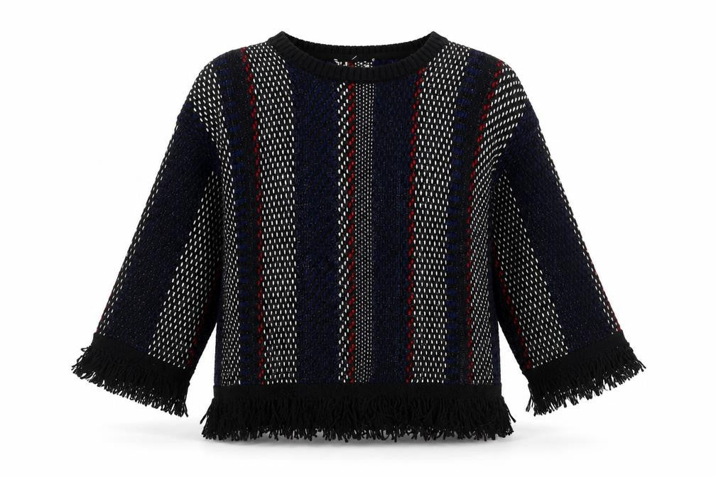 Front view of Marks & Spencer women’s multicoloured round neck striped acrylic jumper, size L