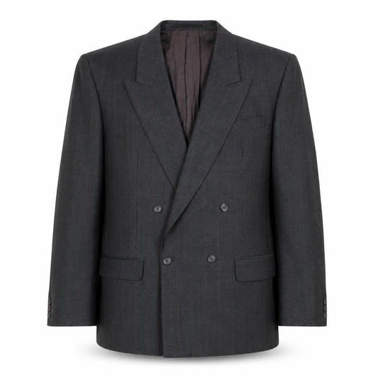 Front view of The Label men’s grey striped polyester jacket suit jacket, size 40, regular