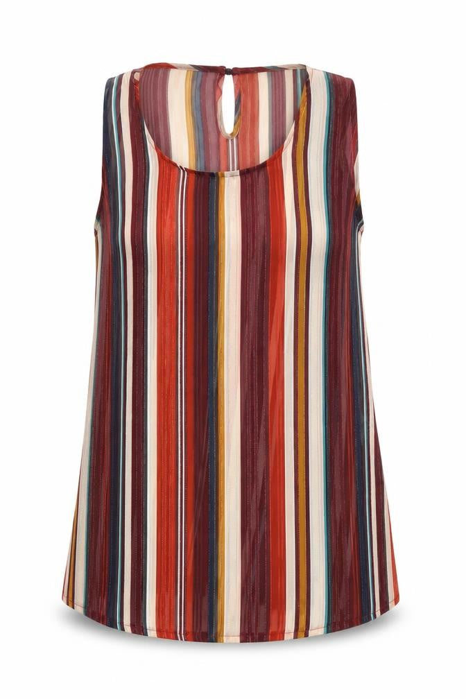 Front view of Cameo Rose women’s multicoloured striped polyester basic tank, size UK 12, round neck