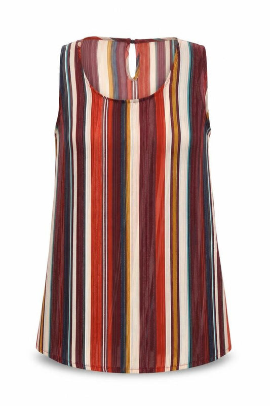 Front view of Cameo Rose women’s multicoloured striped polyester basic tank, size UK 12, round neck