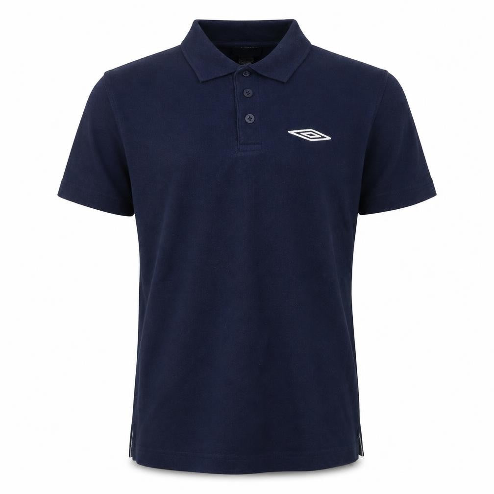 Front view of Umbro boys’ blue polyester pullover polo, size S, collared pullover