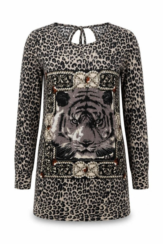 Front view of Quiz women’s black animal print polyester a-line, size S, round neck pullover - leopard pattern lion print