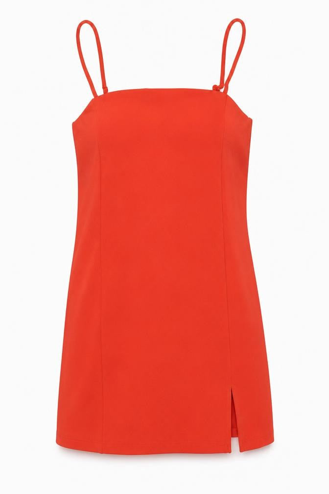 Front view of H&M women’s red polyester mini, size XS, square neck pullover - side slit adjustable straps