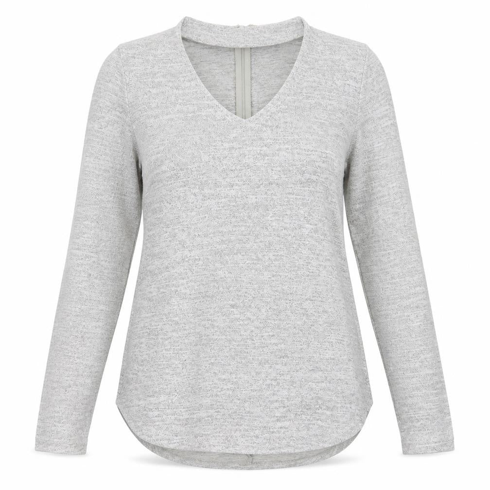 Front view of Quiz women’s grey v-neck viscose jumper, size UK 8