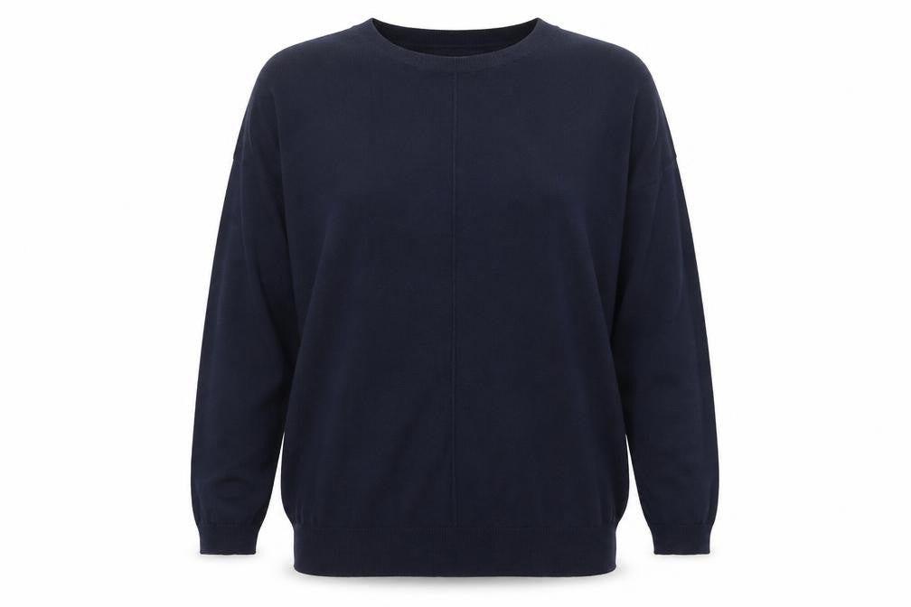 Front view of Marks & Spencer women’s blue round neck acrylic jumper, size M