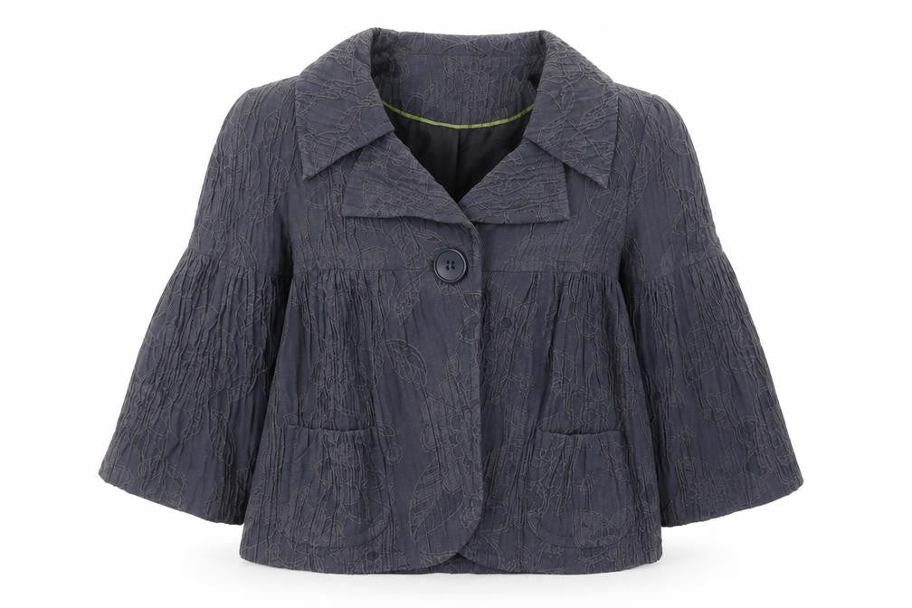 Front view of Edina Ronay women’s blue geometric jacket, size UK 12, button