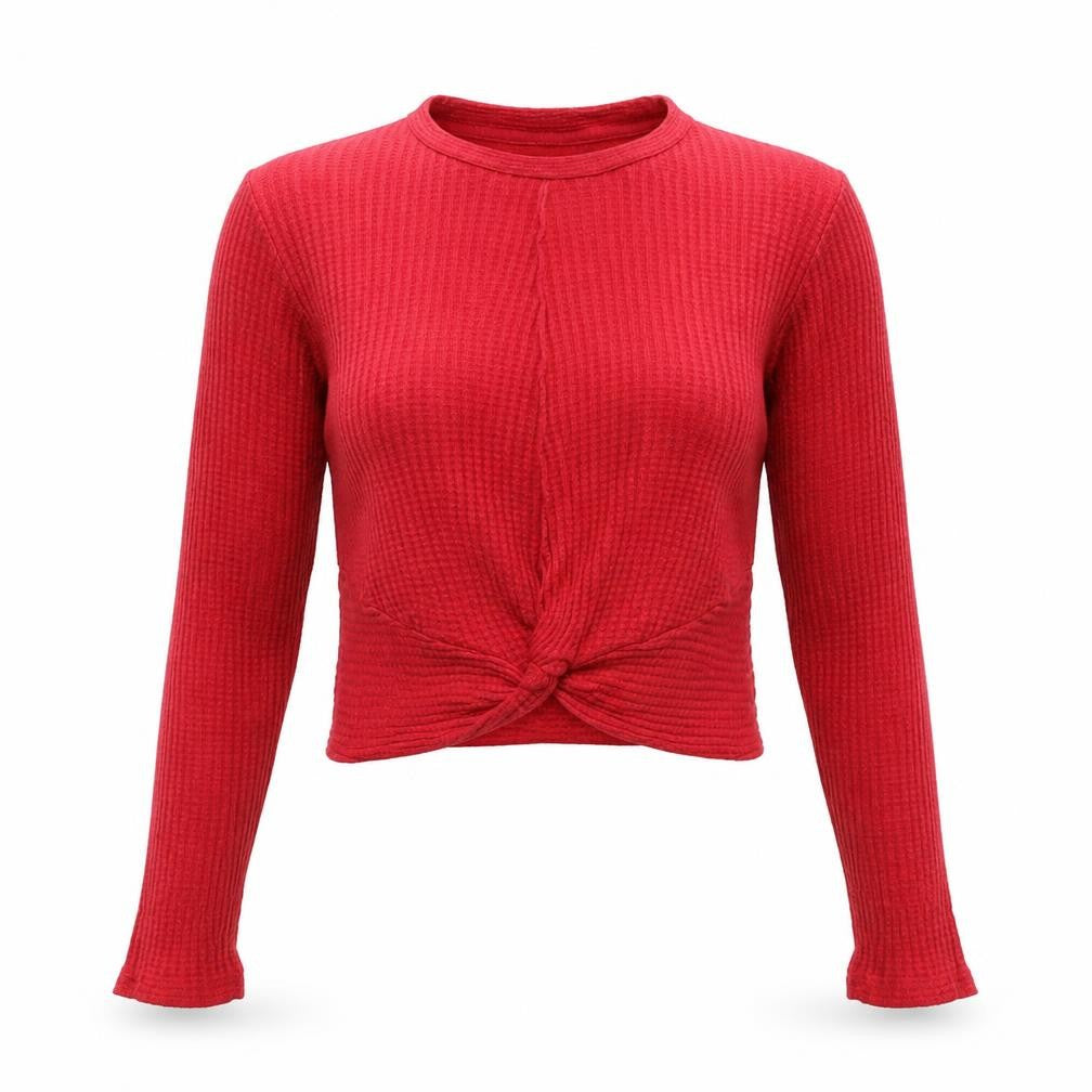 Front view of Topshop women’s red round neck viscose jumper, size UK 6, - cropped knot front