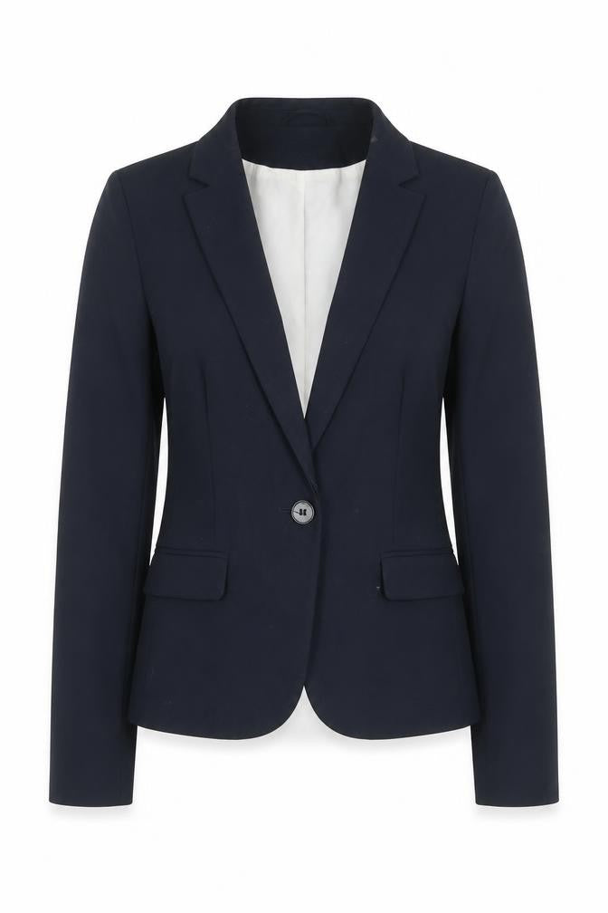 Front view of H&M women’s blue polyester jacket blazer, size UK 4
