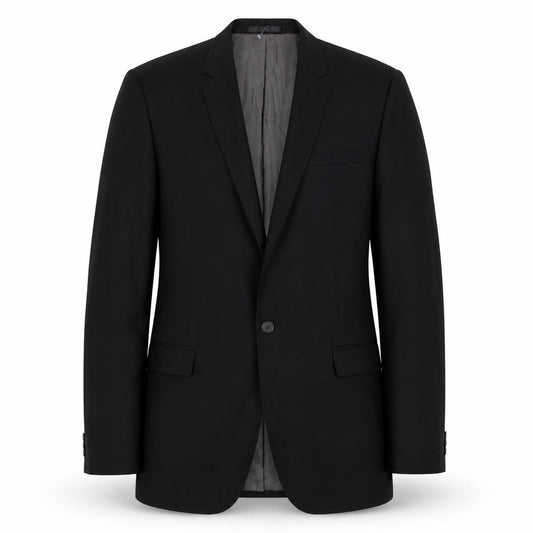 Front view of Butler & Webb men’s black polyester jacket suit jacket, size 40, regular