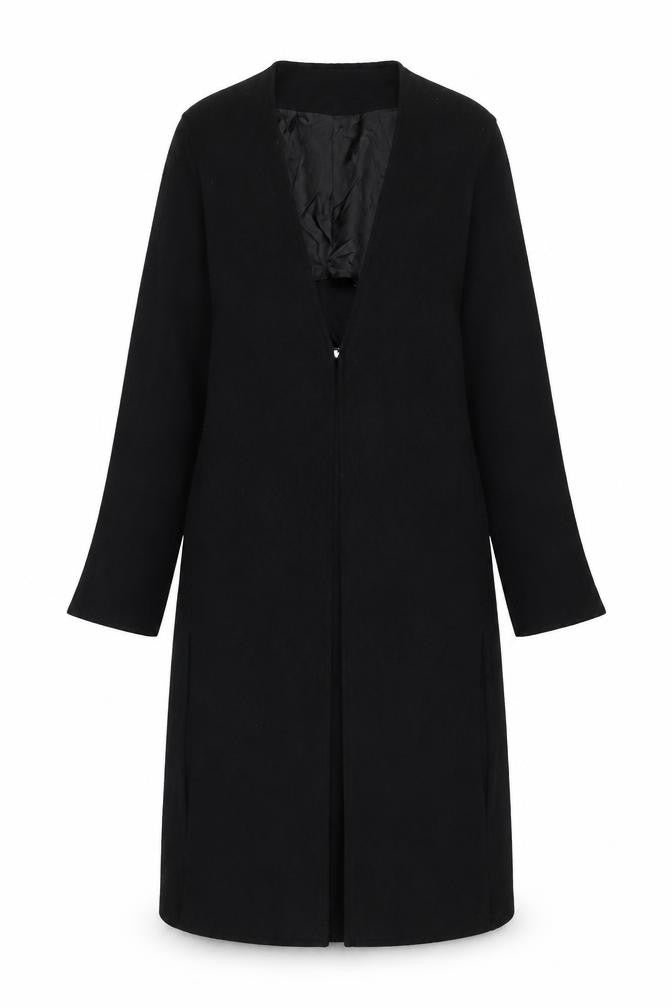 Front view of NITYA women’s black overcoat coat, size UK 10, button