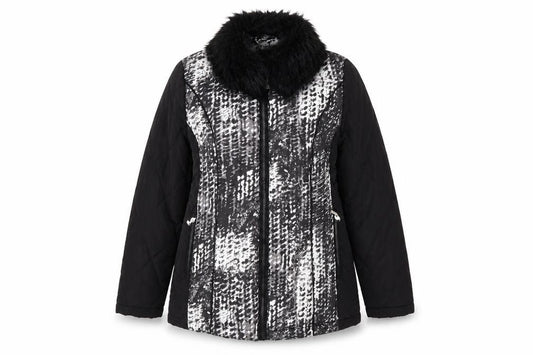 Front view of Anna Rose women’s black geometric jacket, size S, zip