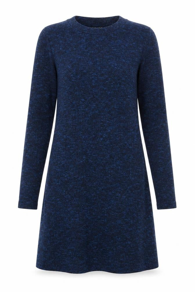 Front view of Topshop women’s blue polyester jumper dress, size UK 8, round neck pullover