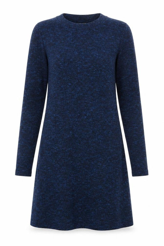 Front view of Topshop women’s blue polyester jumper dress, size UK 8, round neck pullover