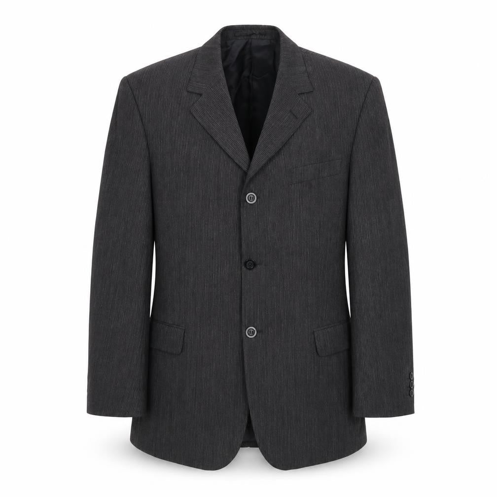 Front view of Tom English men’s grey striped polyester jacket suit jacket, size 40, regular