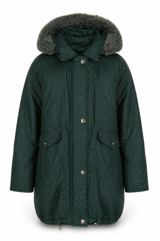 Front view of Klass women’s green geometric parka coat, size S, zip