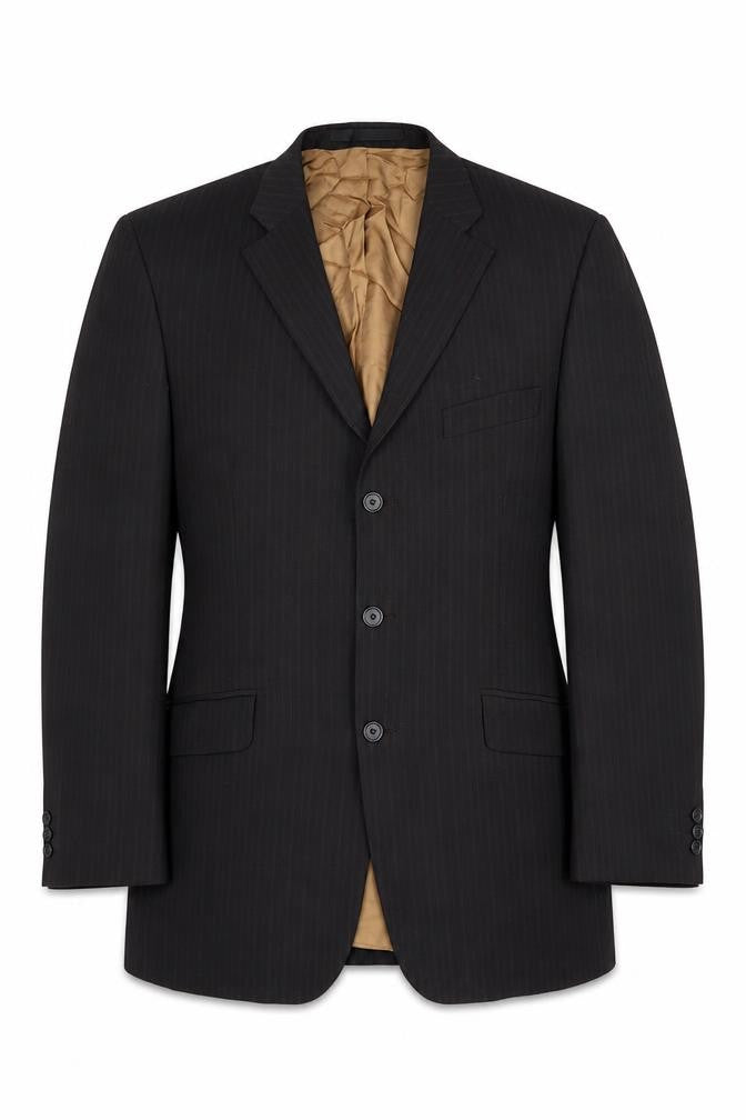Front view of Marks & Spencer men’s black striped polyester jacket suit jacket, size 40, regular
