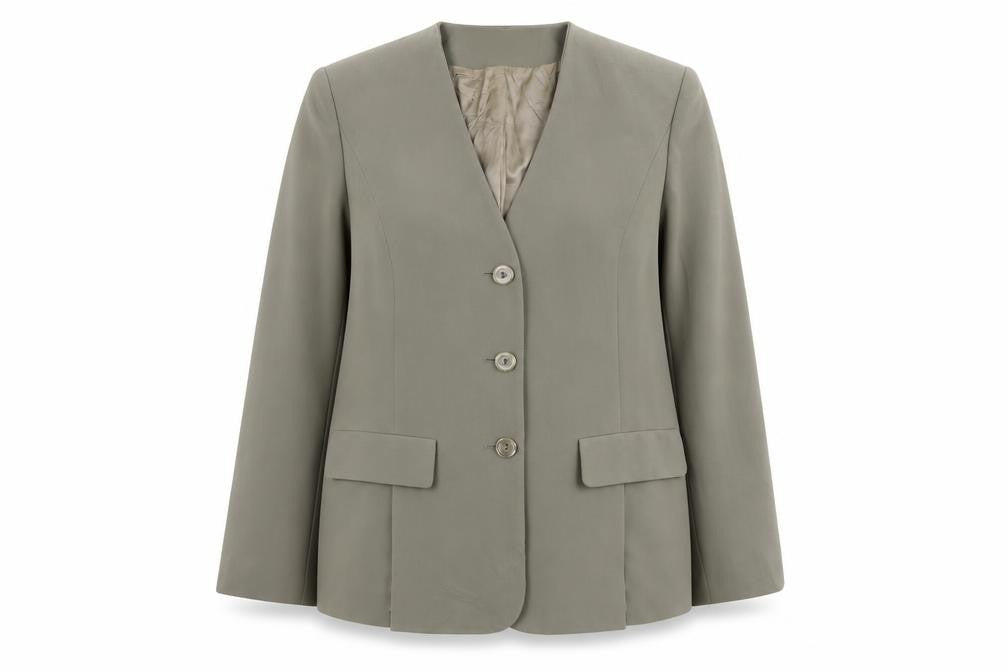 Front view of Fink women’s beige polyester jacket blazer, size UK 14