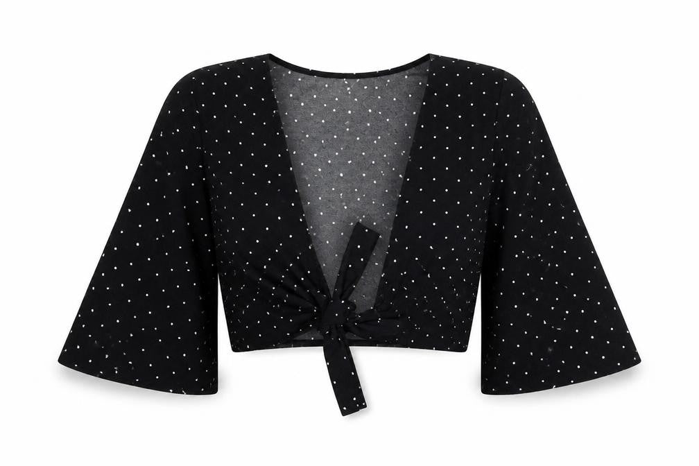 Front view of Princess Polly women’s black polka dot polyester cropped blouse, size UK 8, v-neck