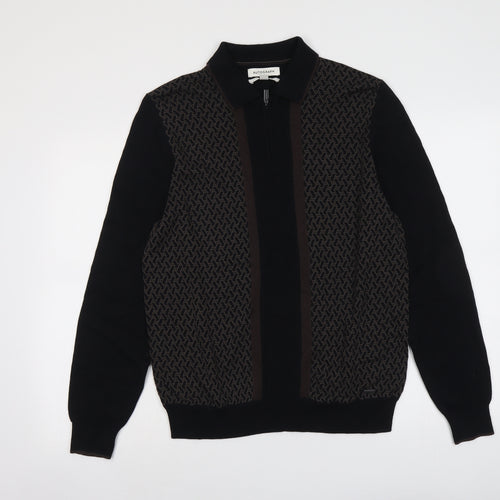 Autograph Mens Black Collared Geometric Modal Full Zip Jumper Size M Long Sleeve