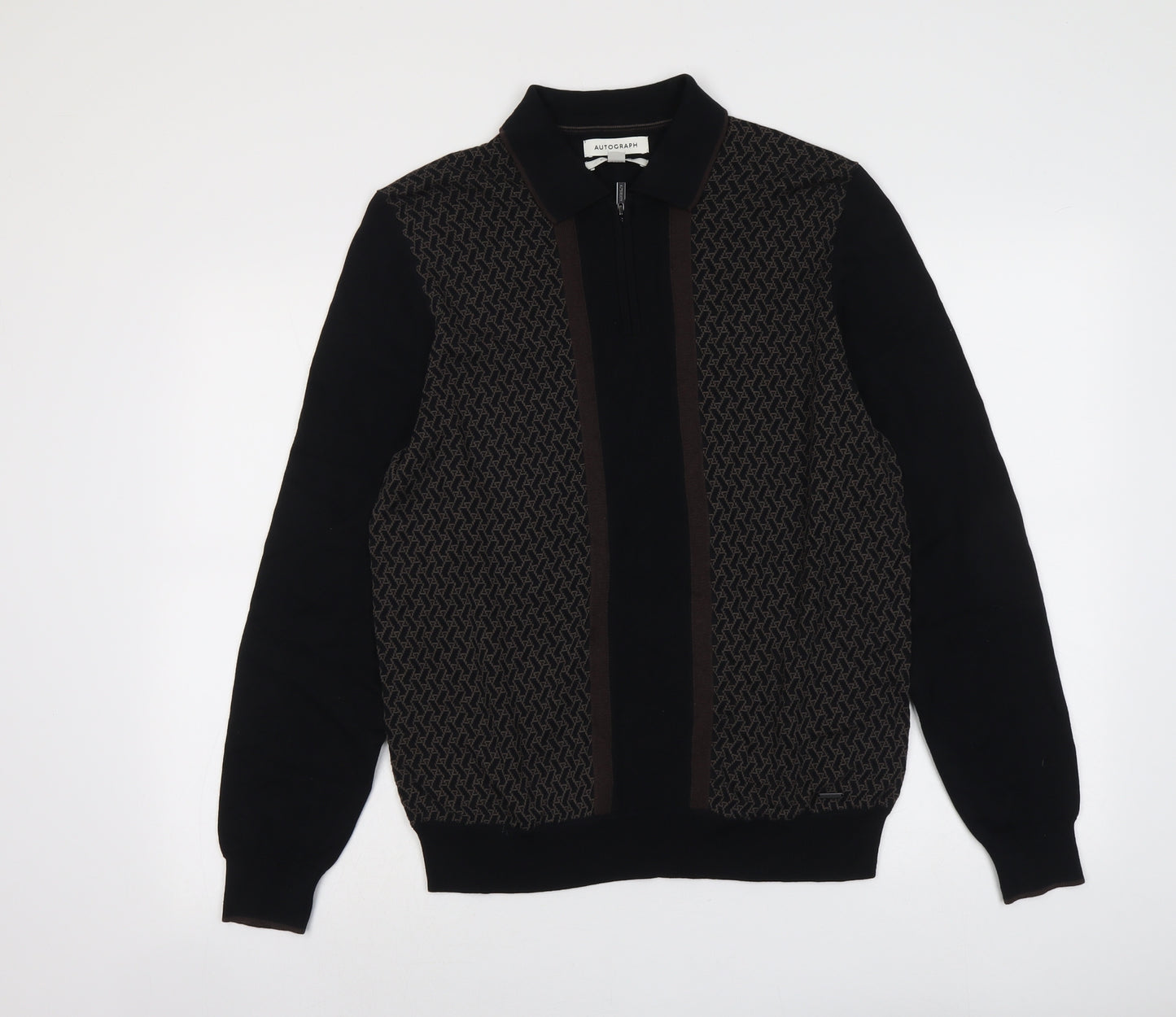 Autograph Mens Black Collared Geometric Modal Full Zip Jumper Size M Long Sleeve