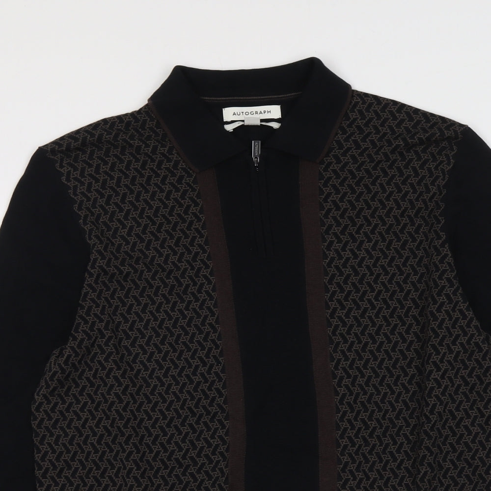 Autograph Mens Black Collared Geometric Modal Full Zip Jumper Size M Long Sleeve