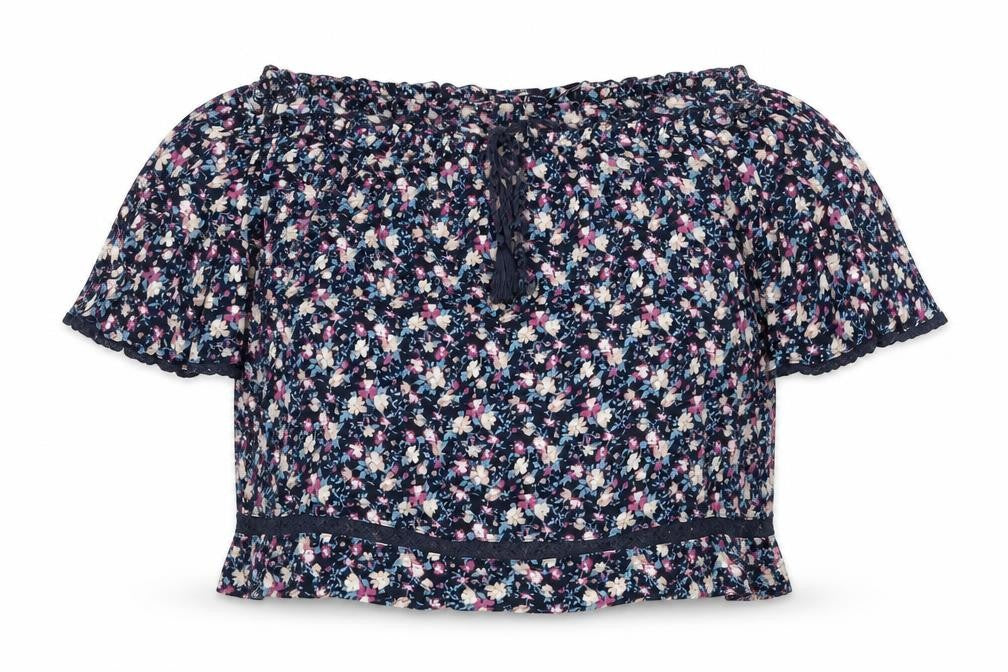 Front view of American Eagle Outfitters women’s blue geometric viscose basic blouse, size S, boat neck