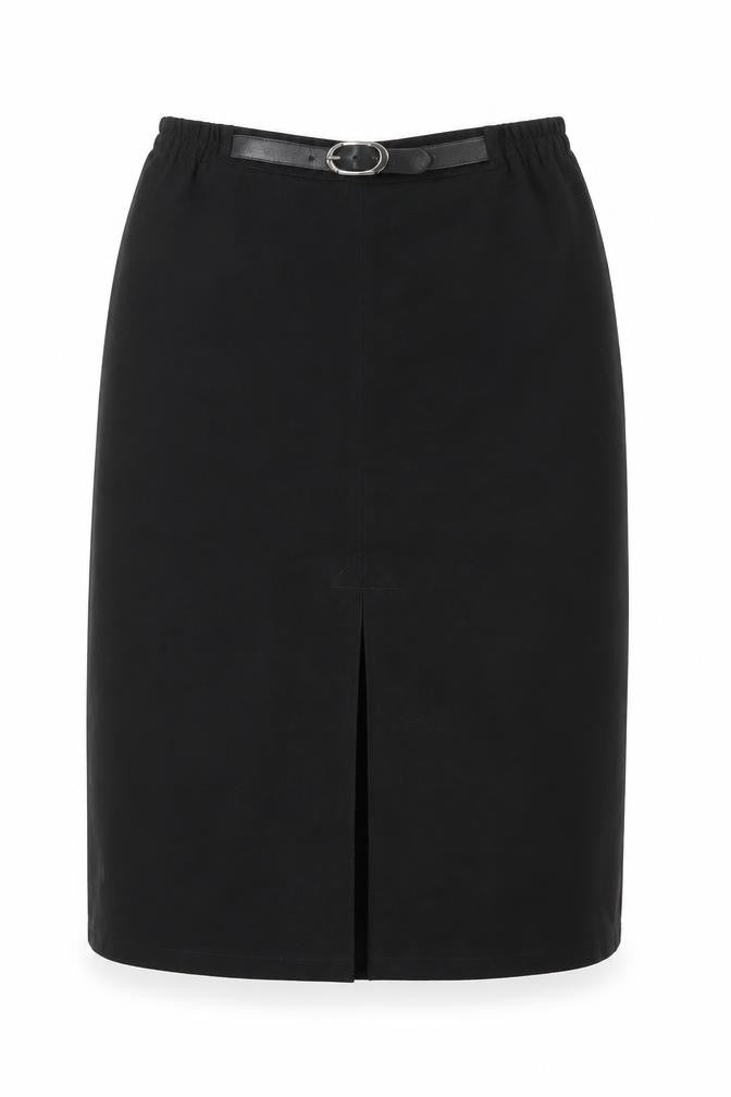 Front view of Afibel women’s black polyester a-line skirt, size UK 10, buckle