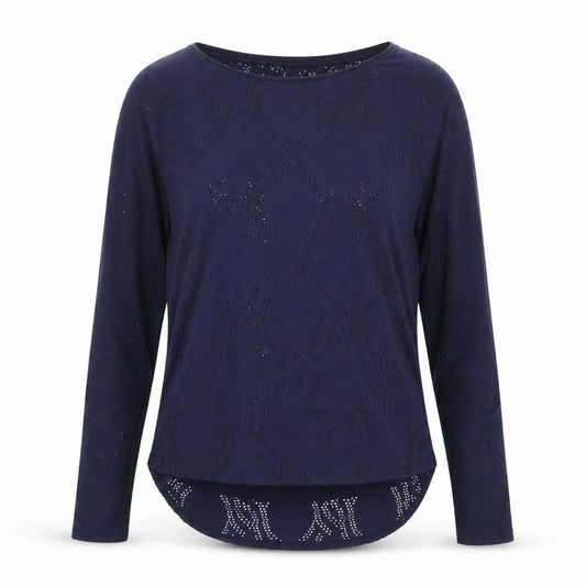 Front view of H&M women’s blue round neck geometric polyester jumper, size M