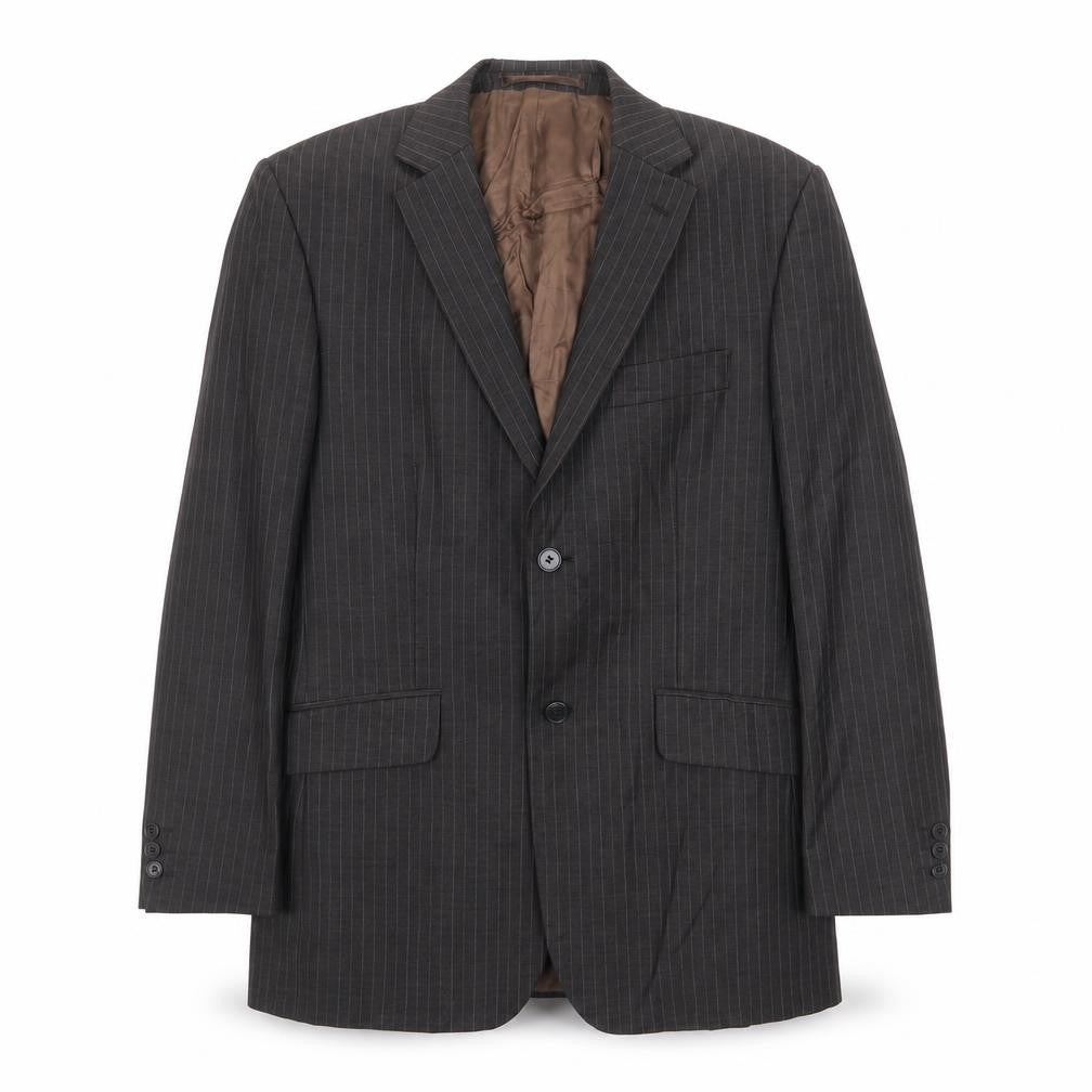 Front view of Karl Jackson men’s brown striped wool jacket suit jacket, size 38, regular