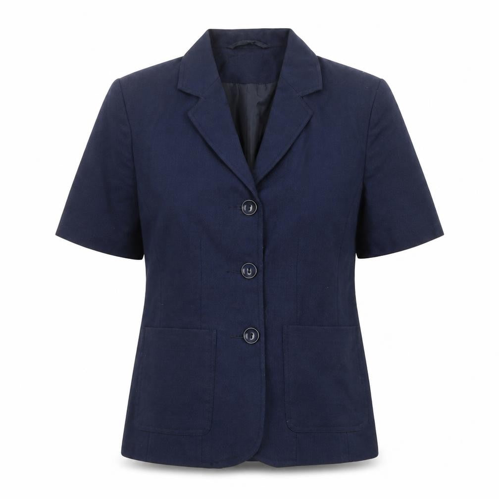 Front view of Susan Berman women’s blue polyester jacket blazer, size UK 10