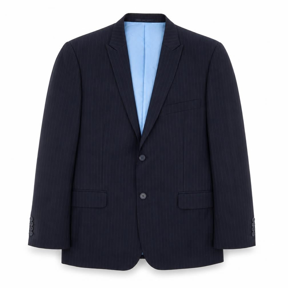 Front view of French Connection men’s blue striped polyester jacket suit jacket, size 42, regular
