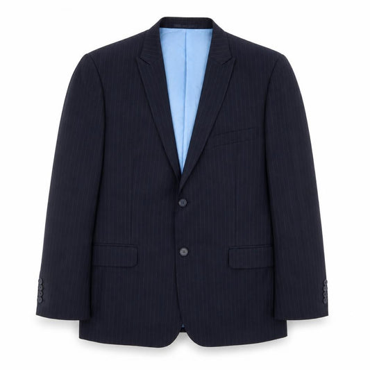 Front view of French Connection men’s blue striped polyester jacket suit jacket, size 42, regular