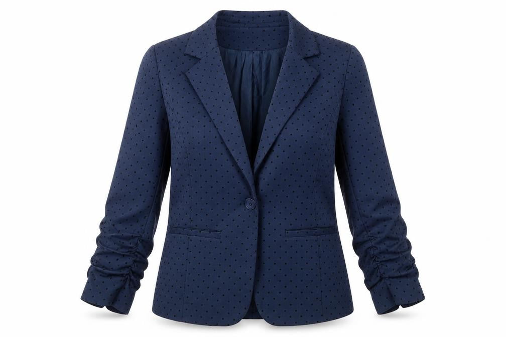 Front view of Yest women’s blue polka dot cotton jacket blazer, size UK 10