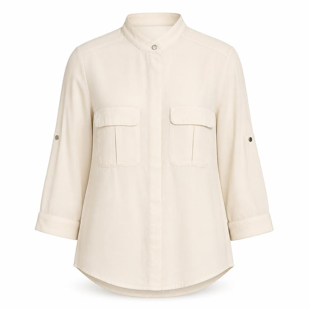 Front view of H&M women’s beige polyester basic button-up, size UK 4, round neck