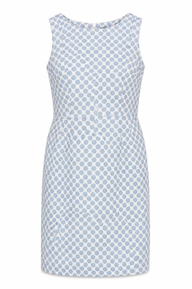 Front view of Principles women’s blue polka dot polyester a-line, size UK 12, round neck zip