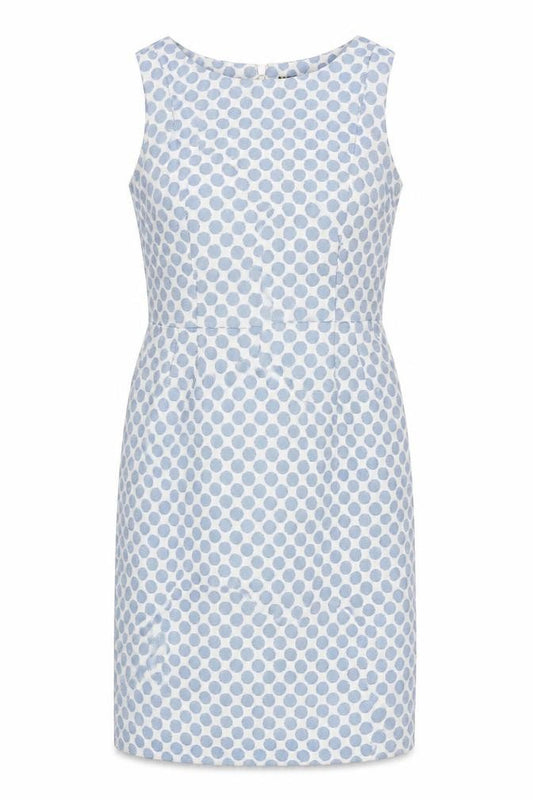 Front view of Principles women’s blue polka dot polyester a-line, size UK 12, round neck zip