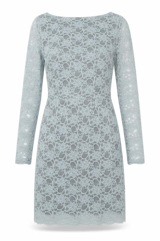 Front view of Jones+Jones women’s blue floral polyester a-line, size UK 8, boat neck zip