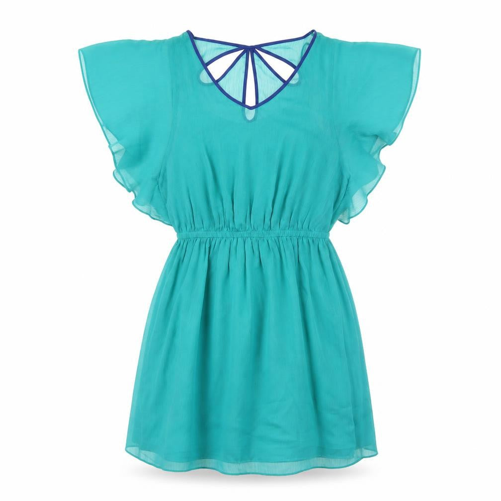 Front view of Express women’s green polyester fit & flare, size M, v-neck pullover